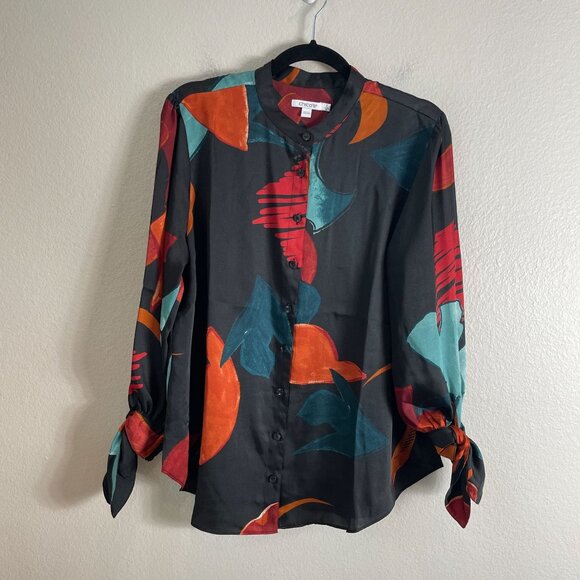 CHICOS Womens 12 Abstract Print Button Up Blouse Long Sleeve Tie Cuff Shirt Top - Picture 8 of 13